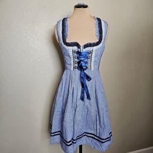 GloryStar Blue White Gingham Dirndl Dress Lace Up Corset Bodice Size Large
